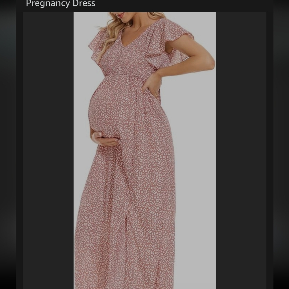 guruixu V Neck Floral Maternity Dress for Photoshoot Baby Shower, Flutter Sleeve